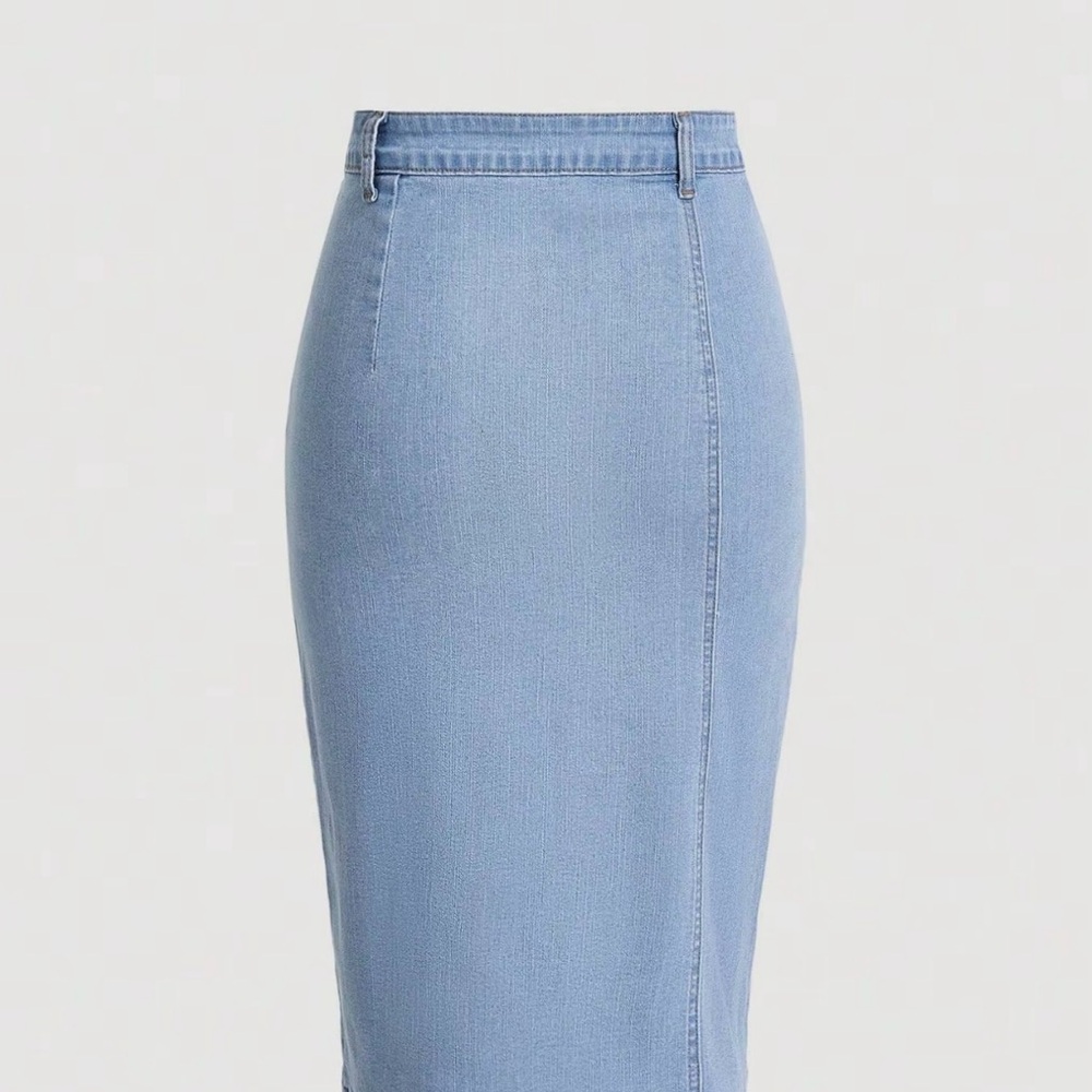 🎈HP🥳🎉 Light Wash Denim Button Front Midi Skirt High Slit Stretch Size Large - Picture 5 of 9